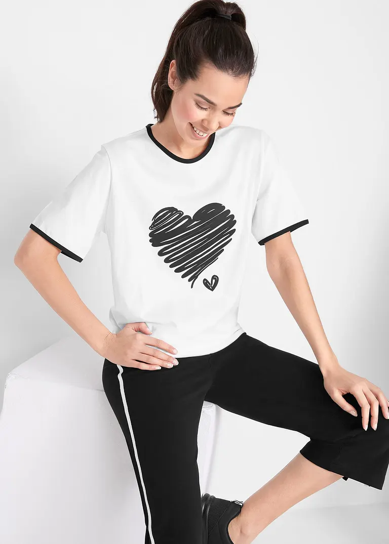 Bonprix Bequemes Long-Shirt Mit Kontrastdetails - Weiß+schwarz Bedruckt
