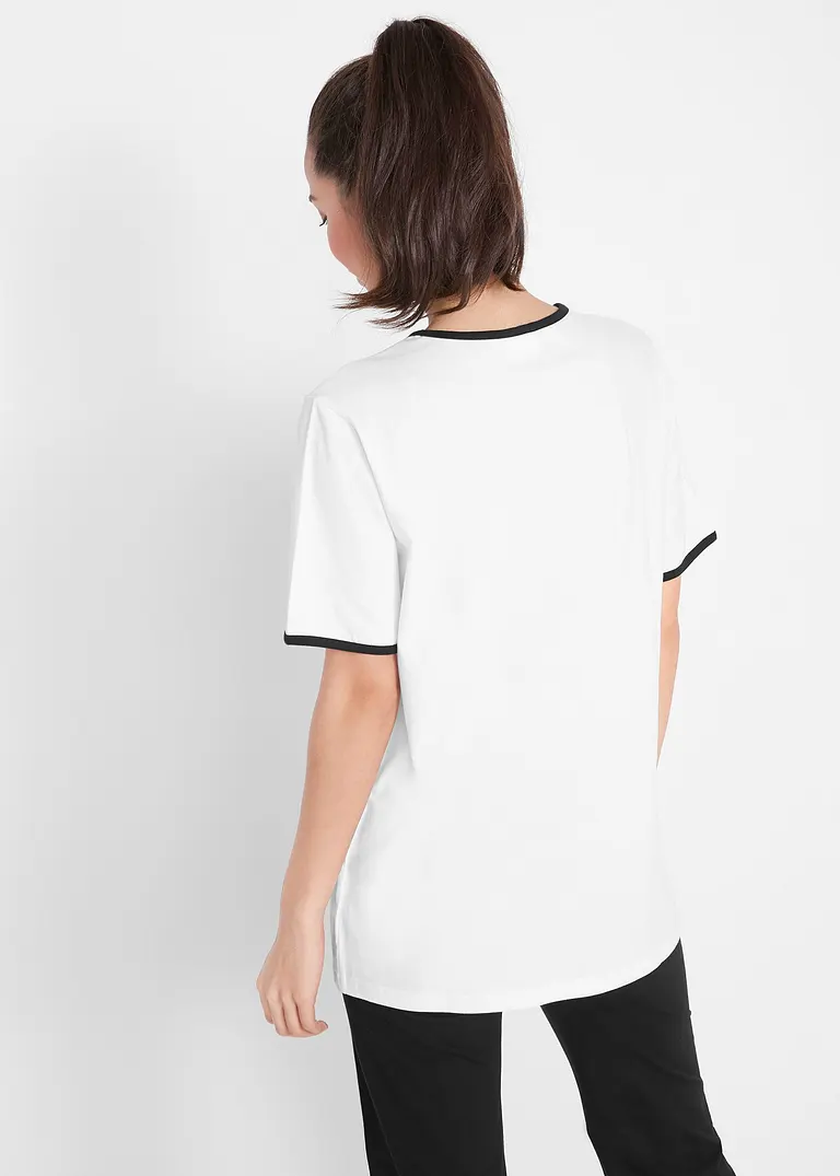 Bonprix Bequemes Long-Shirt Mit Kontrastdetails - Weiß+schwarz Bedruckt