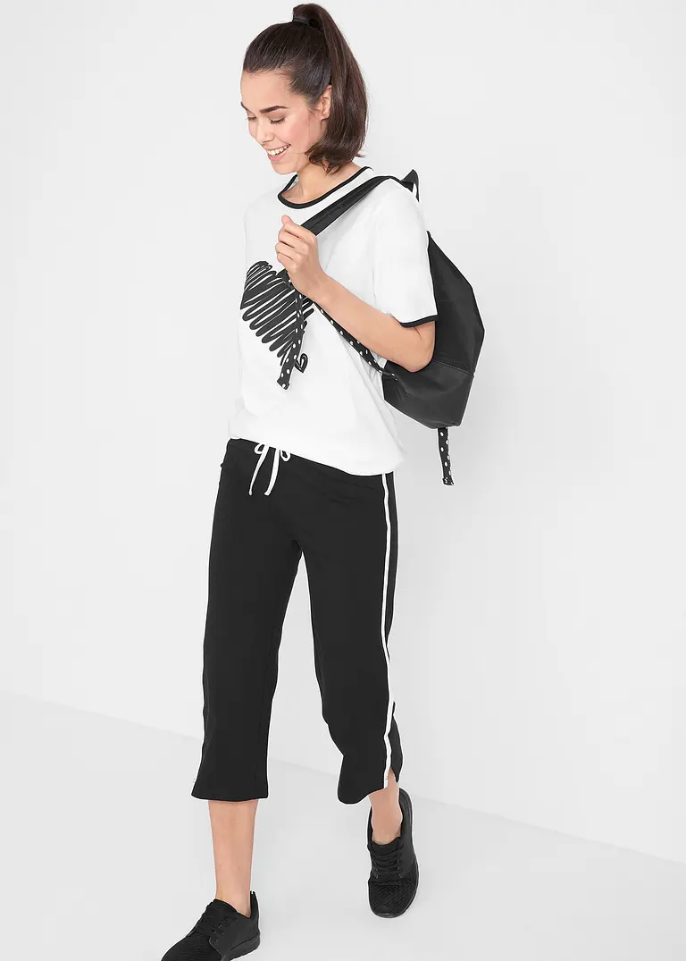 Bonprix Bequemes Long-Shirt Mit Kontrastdetails - Weiß+schwarz Bedruckt