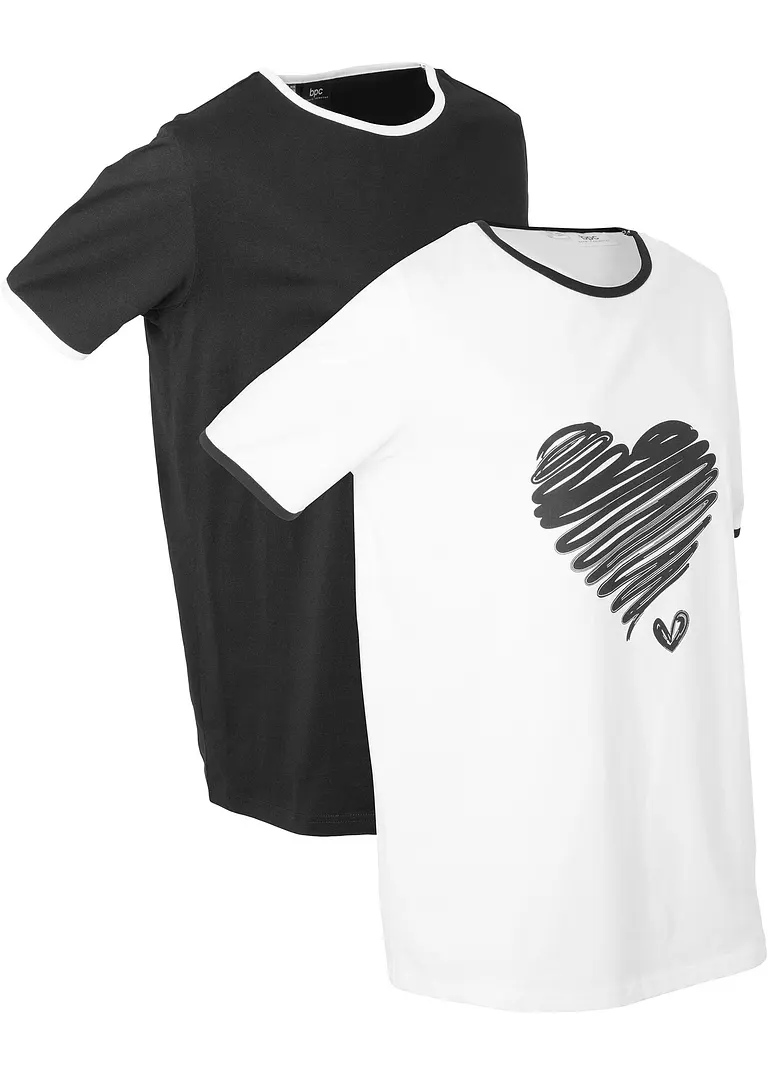 bonprix Bequemes Long-Shirt mit Kontrastdetails - weiß+schwarz bedruckt