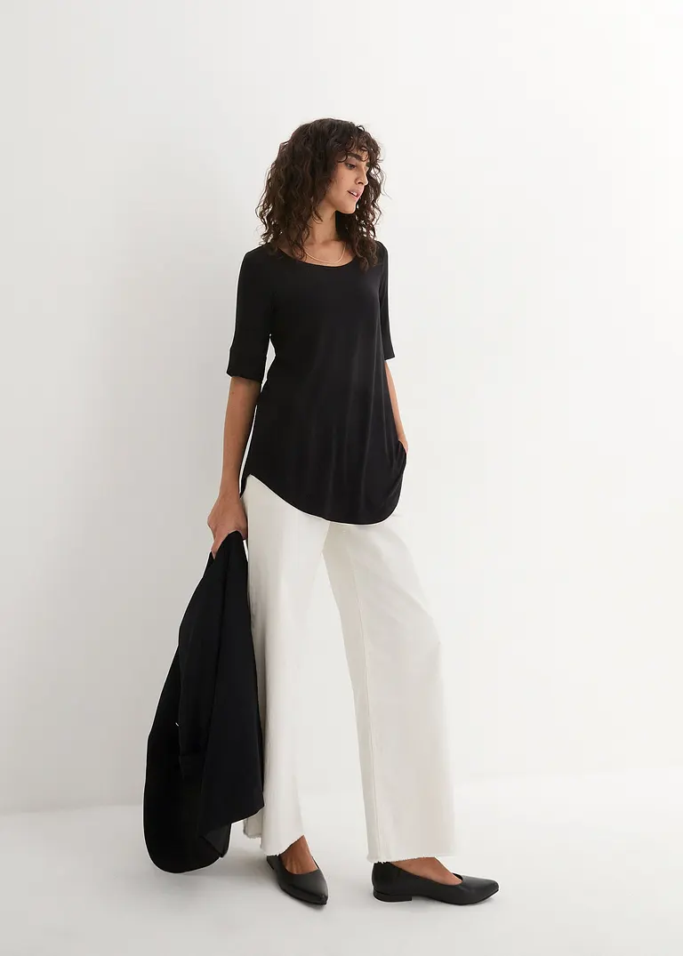 Bonprix Bequemes Longshirt Mit Viskose Und Abgerundetem Saum - Schwarz
