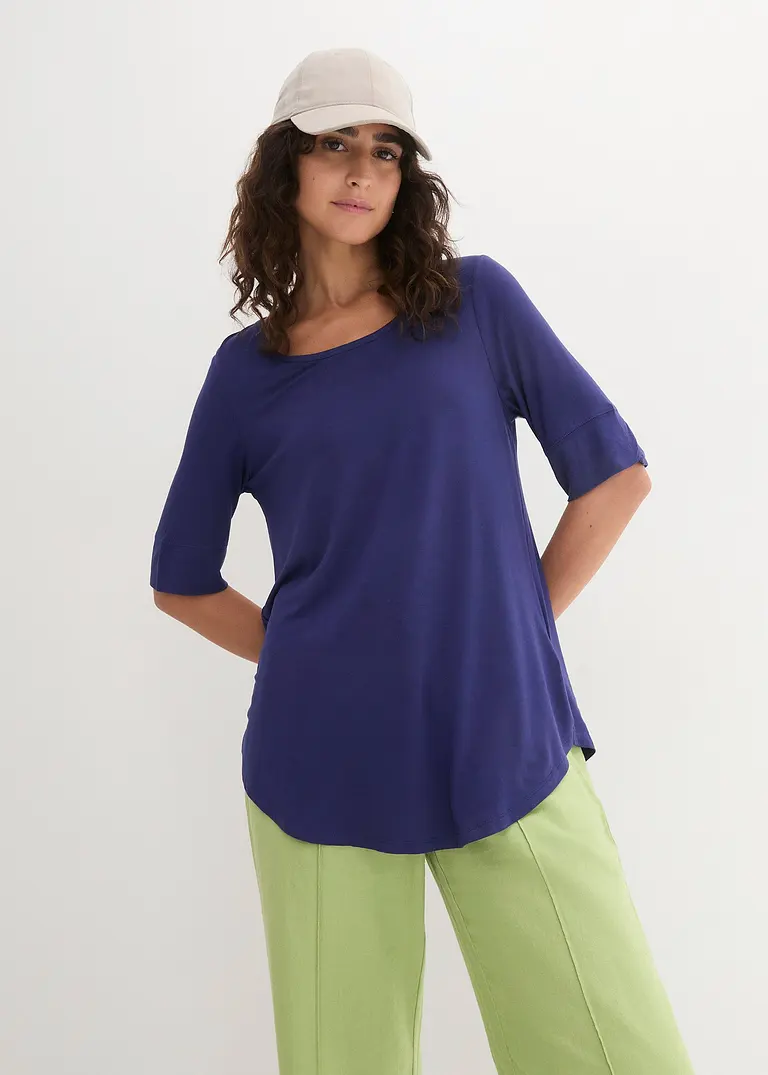 Bonprix Bequemes Longshirt Mit Viskose Und Abgerundetem Saum - Blau