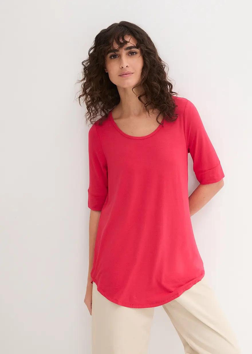 Bonprix Bequemes Longshirt Mit Viskose Und Abgerundetem Saum - Rot