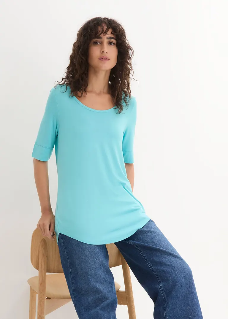 Bonprix Bequemes Longshirt Mit Viskose Und Abgerundetem Saum - Blau