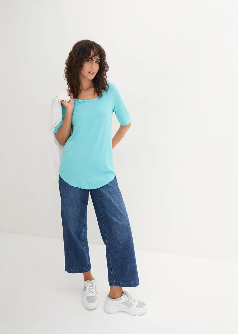 Bonprix Bequemes Longshirt Mit Viskose Und Abgerundetem Saum - Blau