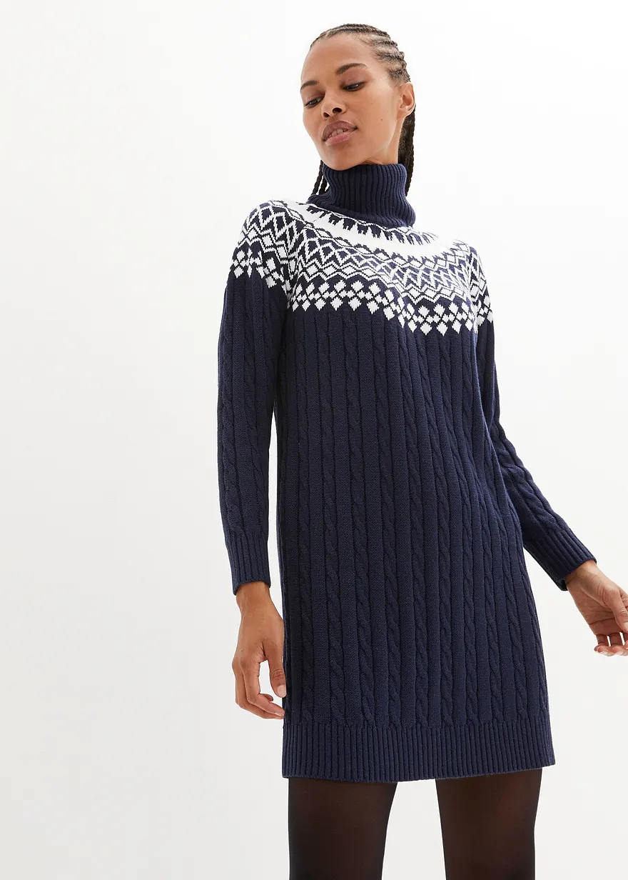 Bonprix Bequemes Norweger-Strickkleid Mit Zopfmuster - Blau