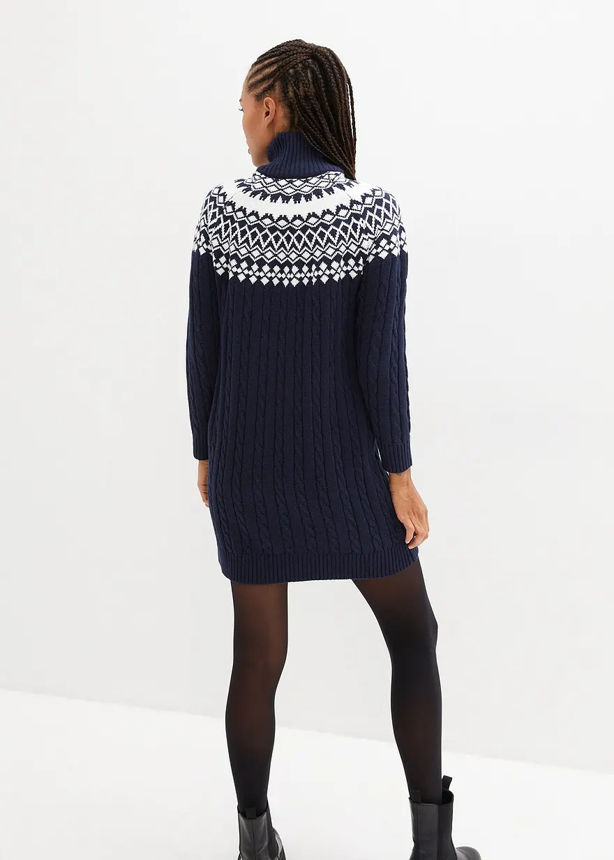 Bonprix Bequemes Norweger-Strickkleid Mit Zopfmuster - Blau