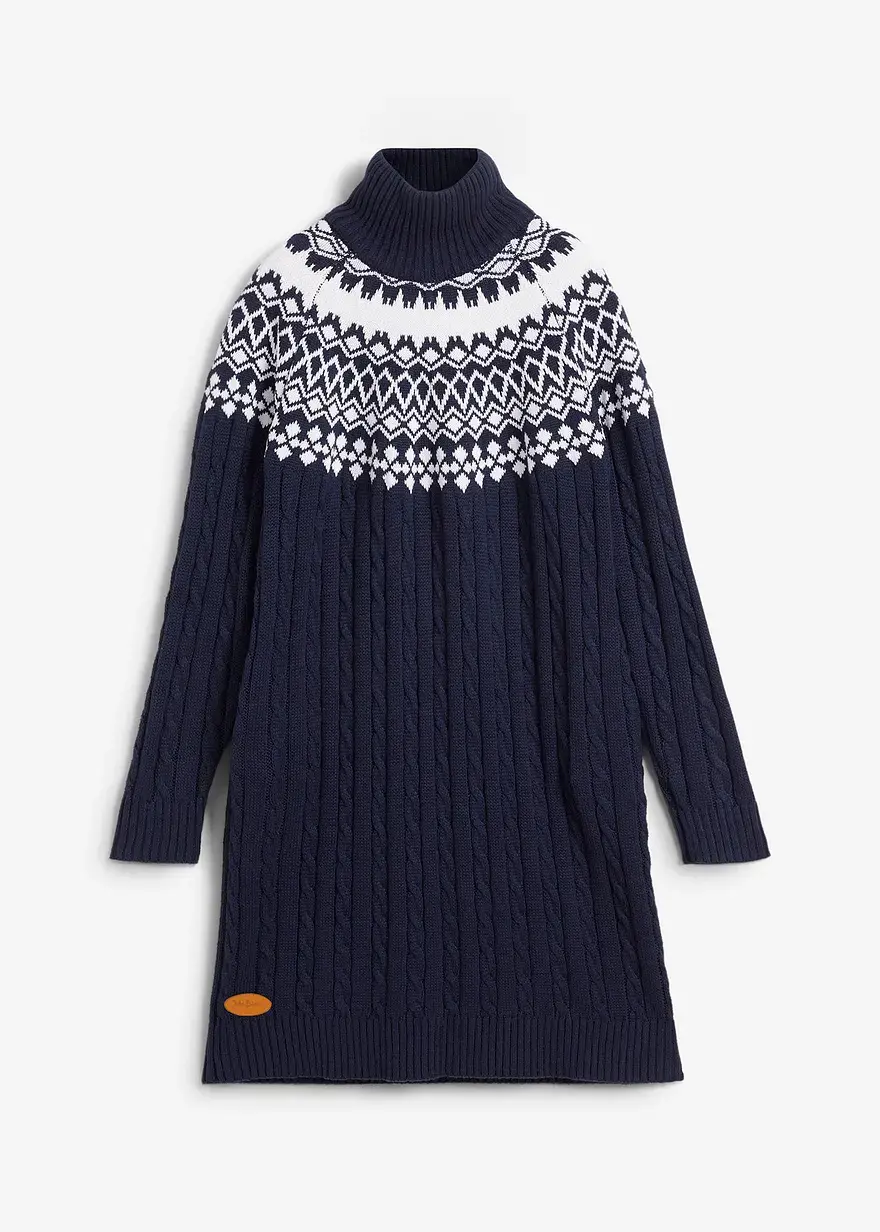 bonprix Bequemes Norweger-Strickkleid mit Zopfmuster - blau