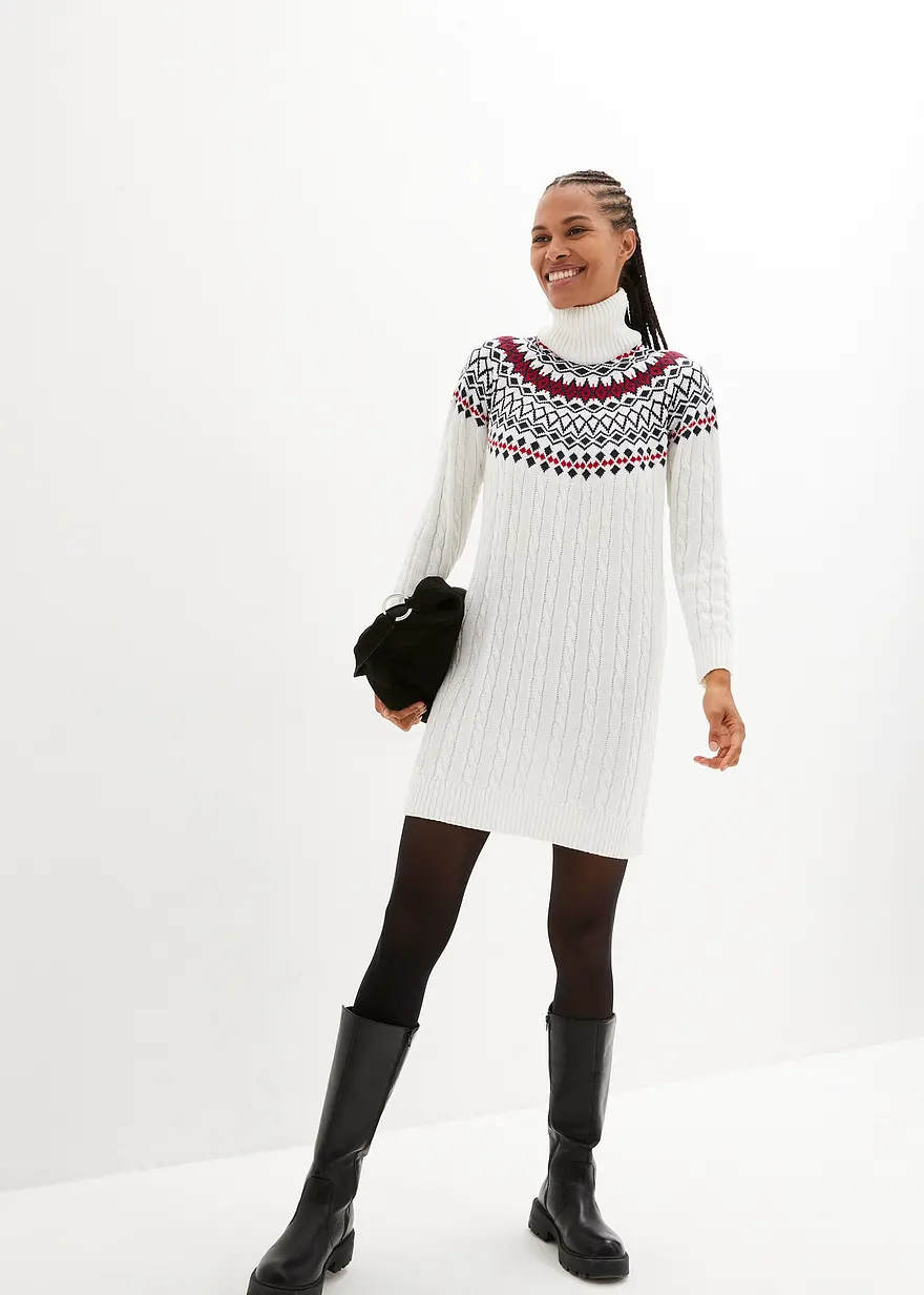 Bonprix Bequemes Norweger-Strickkleid Mit Zopfmuster - Weiß