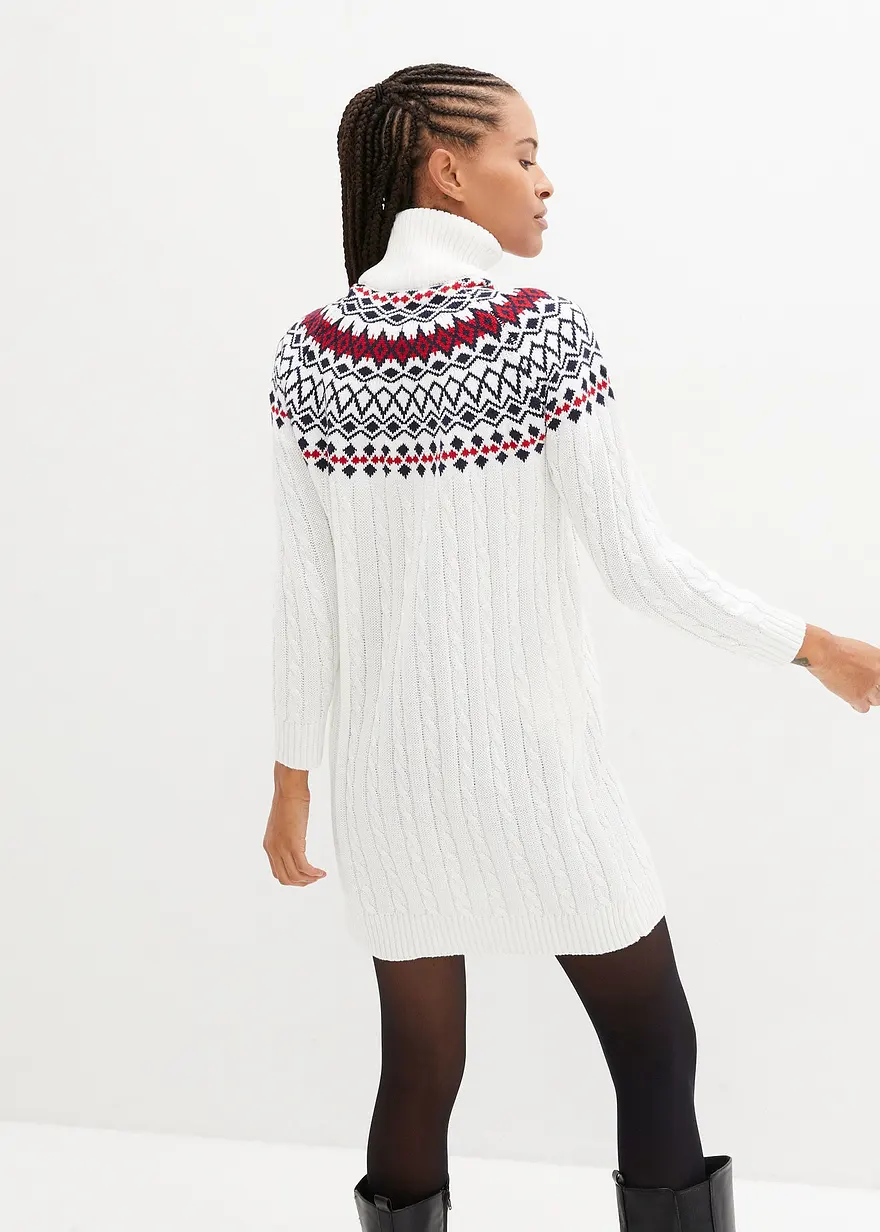 Bonprix Bequemes Norweger-Strickkleid Mit Zopfmuster - Weiß