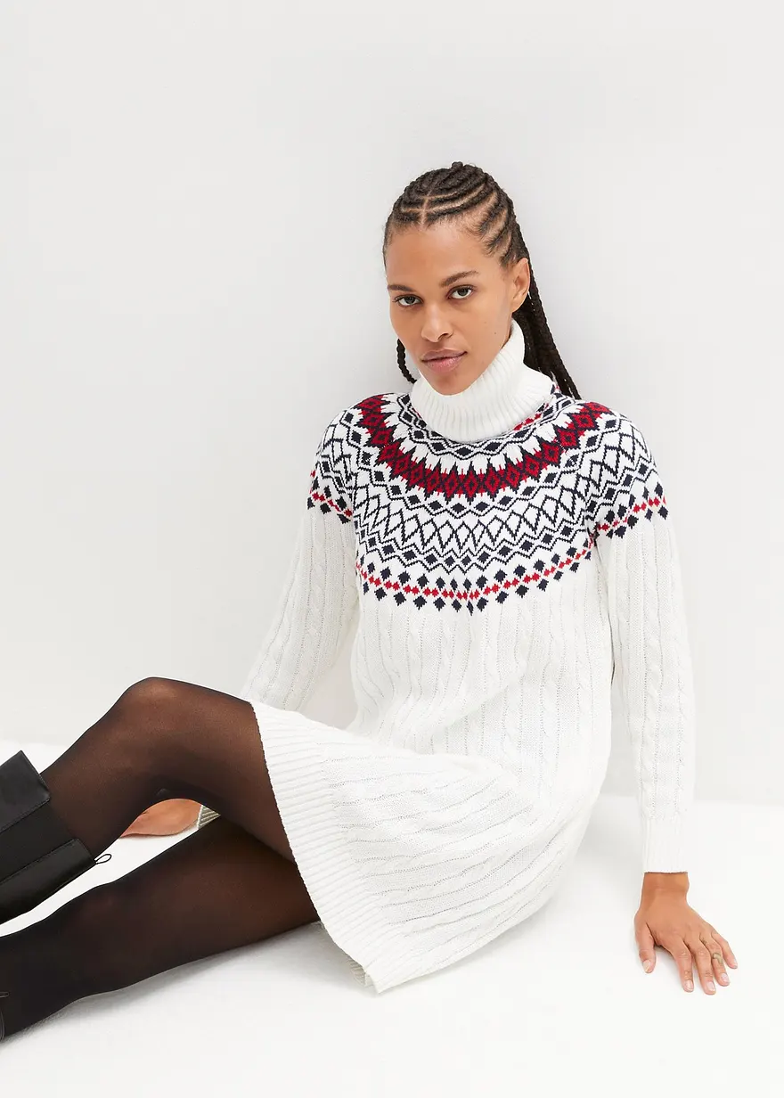 Bonprix Bequemes Norweger-Strickkleid Mit Zopfmuster - Weiß