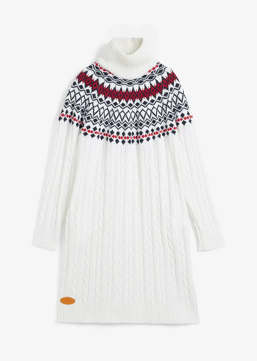 bonprix Bequemes Norweger-Strickkleid mit Zopfmuster - weiß