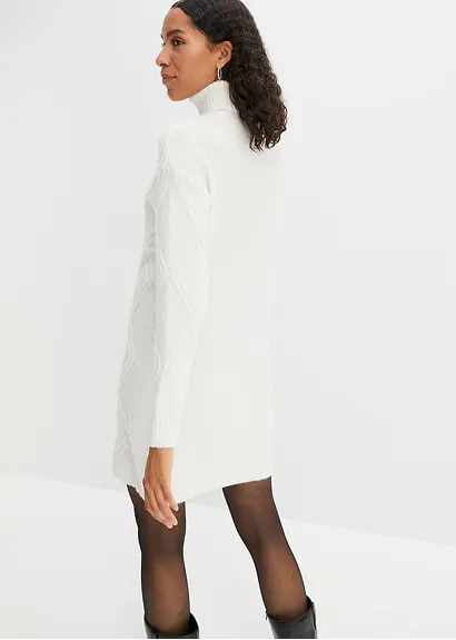 Bonprix Bequemes Strickkleid Mit Zopfmuster - Weiß - Damen
