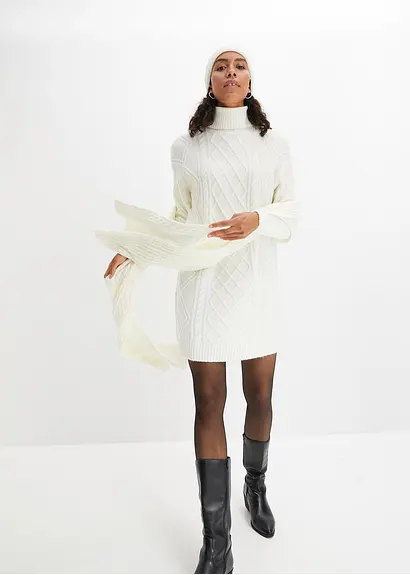 Bonprix Bequemes Strickkleid Mit Zopfmuster - Weiß - Damen