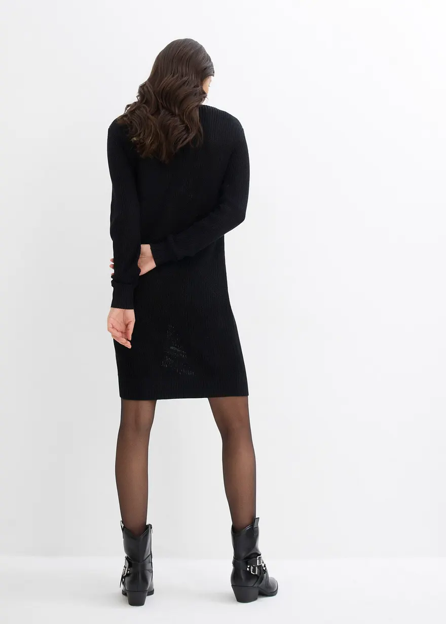 Bonprix Bequemes Strickleid Mit V-Ausschnitt - Schwarz - Damen