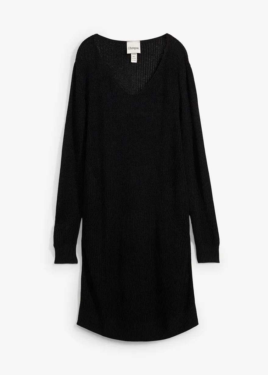 bonprix Bequemes Strickleid mit V-Ausschnitt - schwarz - Damen