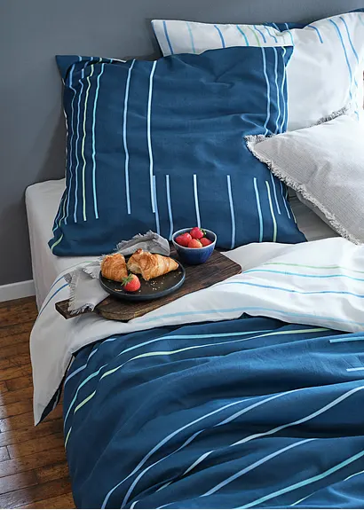 Bonprix Bettwäsche Mit Linien - Petrol/weiss Baumwollgemisch