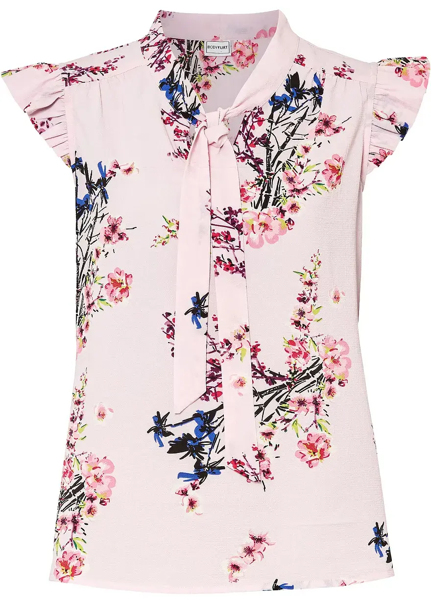 bonprix Bezauberndes Blusentop mit Schleife und Print sowie kurzen Volantärmeln