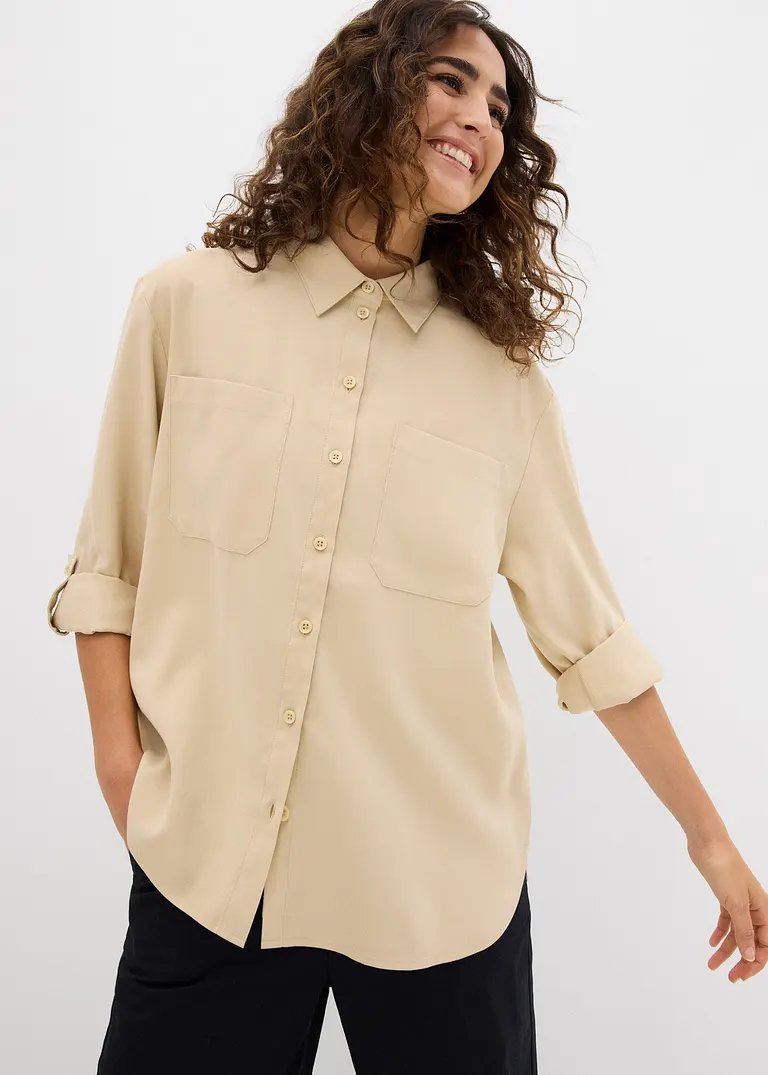 Bonprix Bluse Mit Aufgesetzten Taschen Und Knopfleiste - Beige