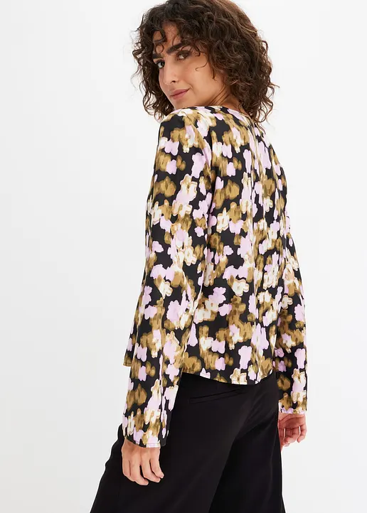 Bonprix Bluse Mit V-Ausschnitt Und Trompetenärmeln - Schwarz