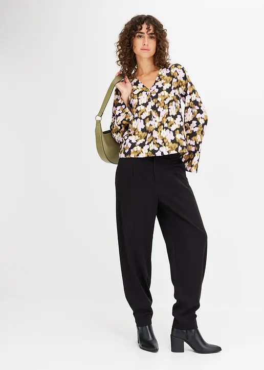 Bonprix Bluse Mit V-Ausschnitt Und Trompetenärmeln - Schwarz
