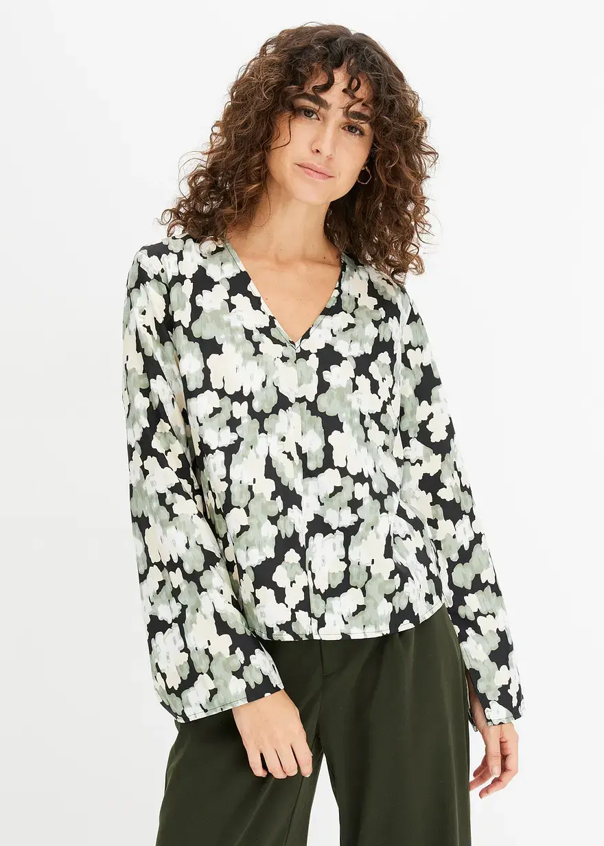 Bonprix Bluse Mit V-Ausschnitt Und Trompetenärmeln - Schwarz