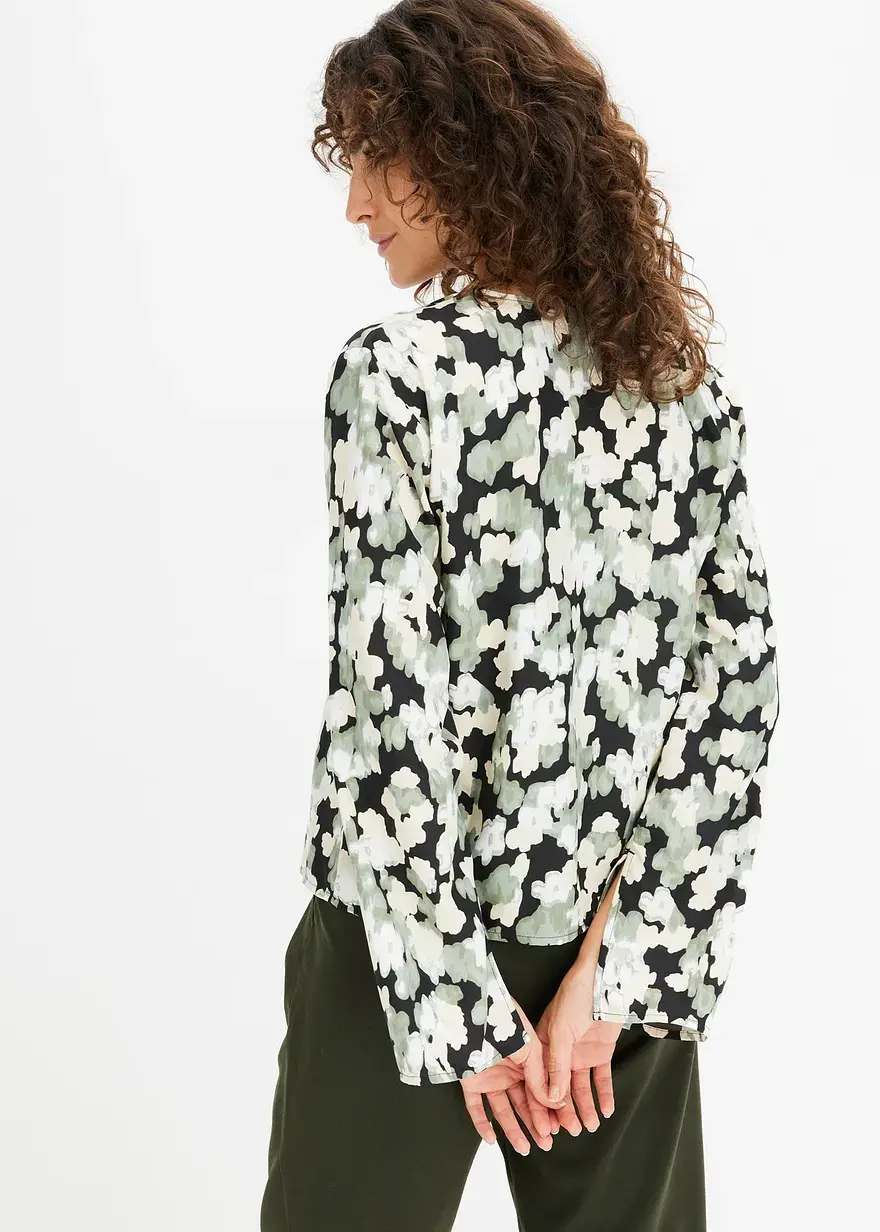 Bonprix Bluse Mit V-Ausschnitt Und Trompetenärmeln - Schwarz