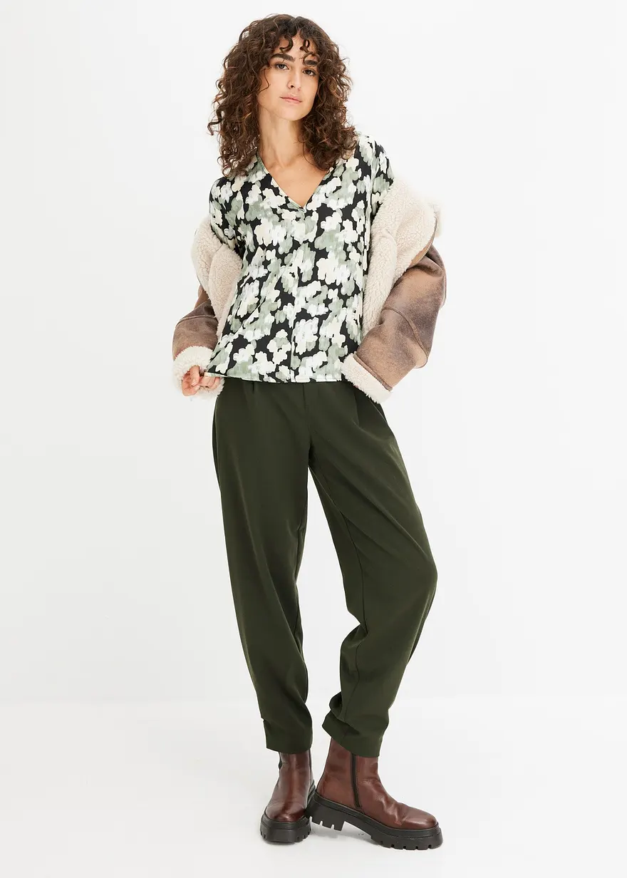 Bonprix Bluse Mit V-Ausschnitt Und Trompetenärmeln - Schwarz