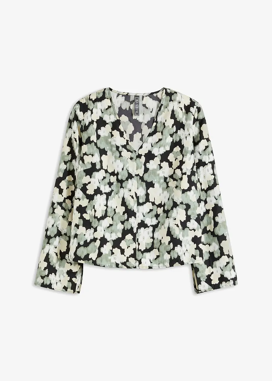 bonprix Bluse mit V-Ausschnitt und Trompetenärmeln - schwarz