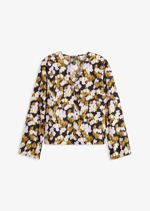 bonprix Bluse mit V-Ausschnitt und Trompetenärmeln - schwarz