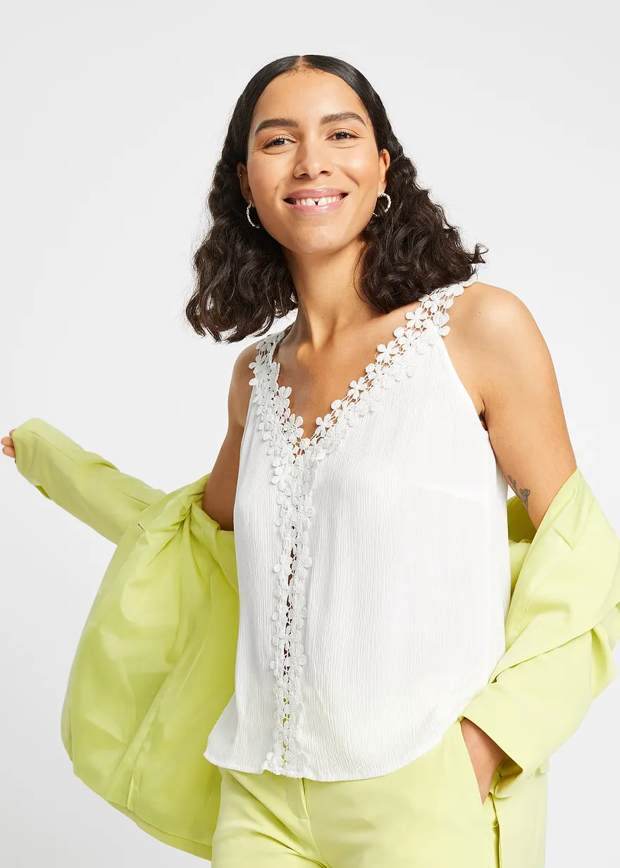 Bonprix Blusentop Mit Spitze Und V-Ausschnitt - Weiß - Damen