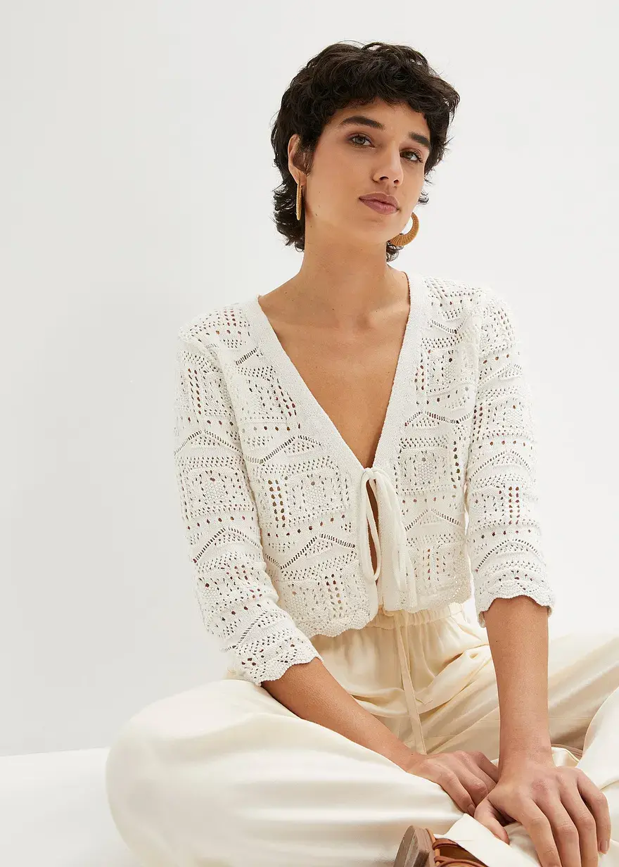 Bonprix Ajour Bolero Mit 3/4 Arm - Weiß - Damen