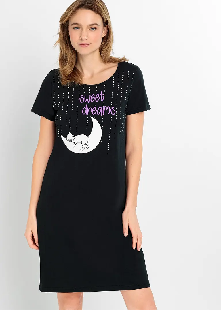 Bonprix Basic Bigshirt Aus Baumwolle - Schwarz - Damen