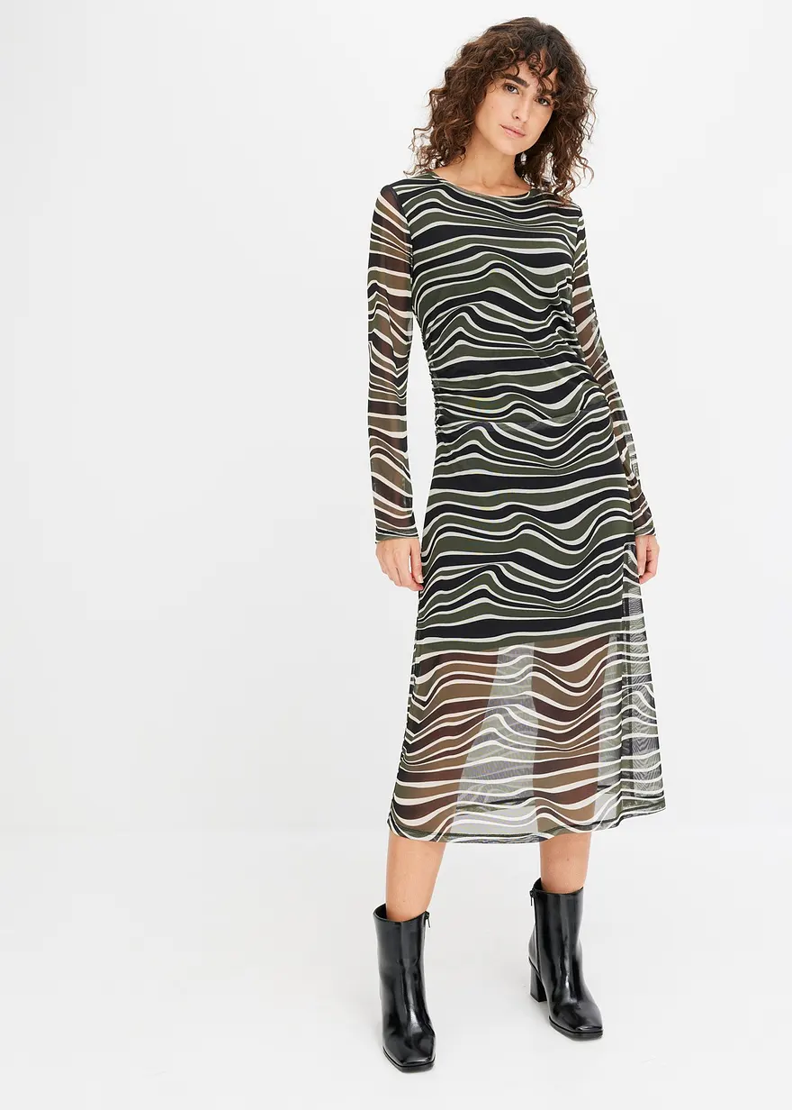 Bonprix Bedrucktes Mesh-Kleid Langarm - Grün - Damen