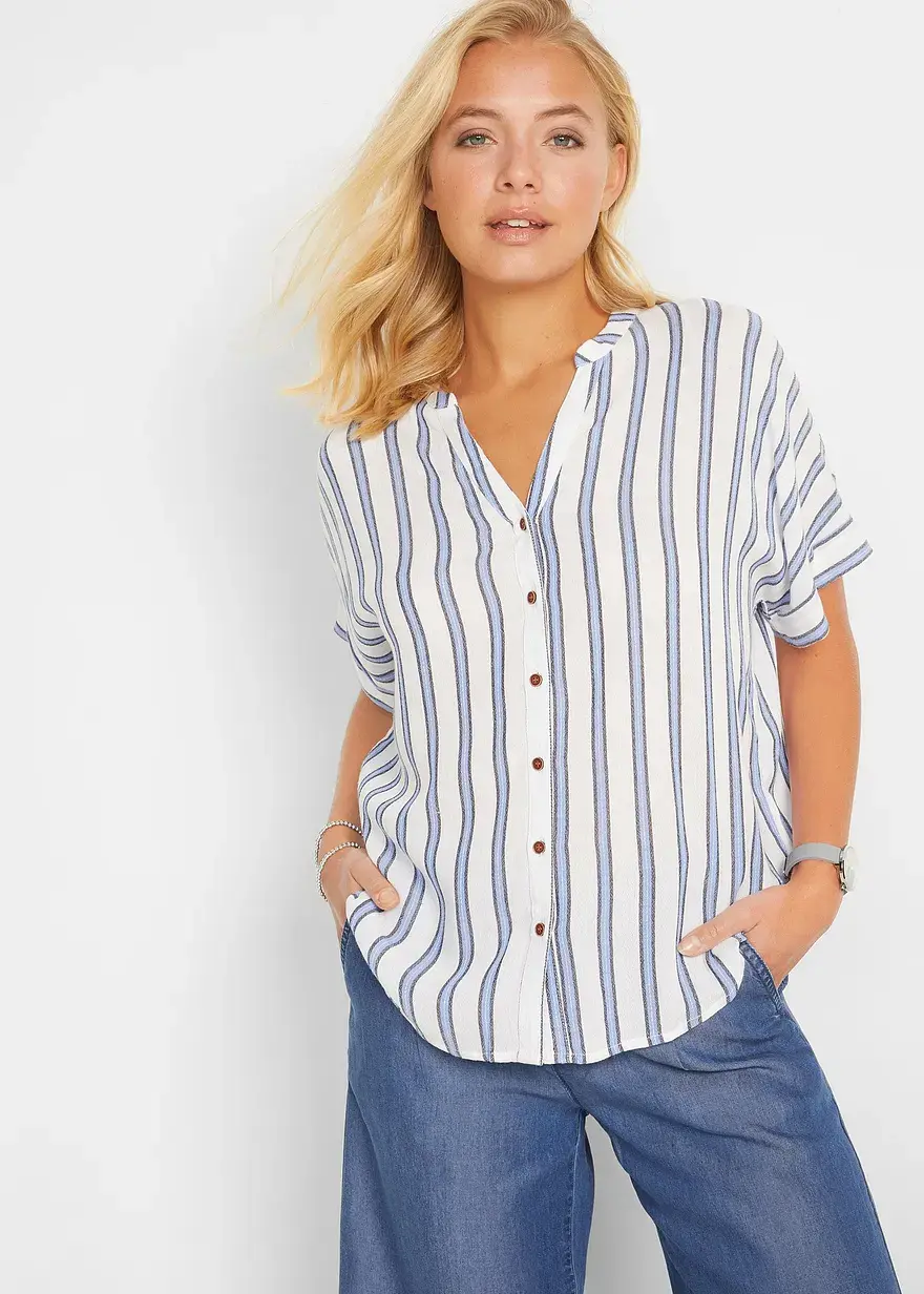 Bonprix Bequeme Bluse Kurzarm Gestreift - Blau - Damen