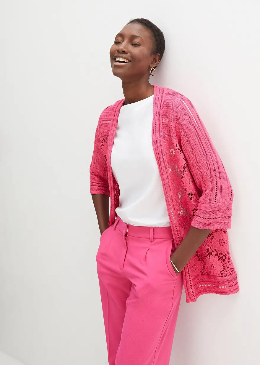Bonprix Elegante Strickjacke Mit Spitze - Pink - Damen