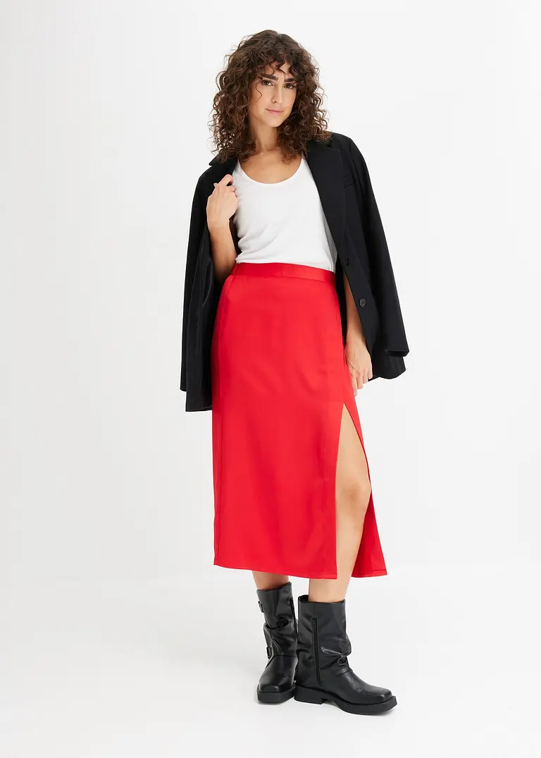 Bonprix Eleganter Midirock Aus Satin - Rot - Damen