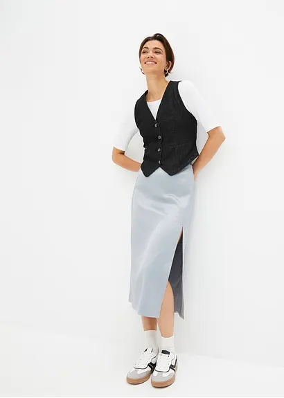 Bonprix Eleganter Satin Midirock - Grau - Damen
