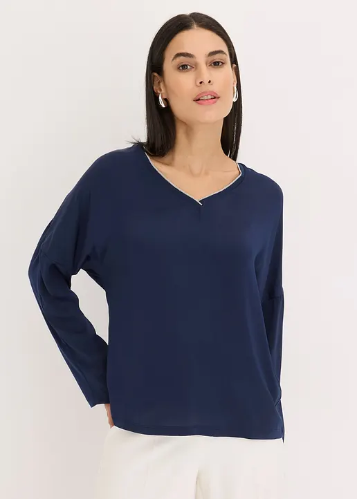 Bonprix Elegantes Blusenshirt Mit Satin - Blau - Damen