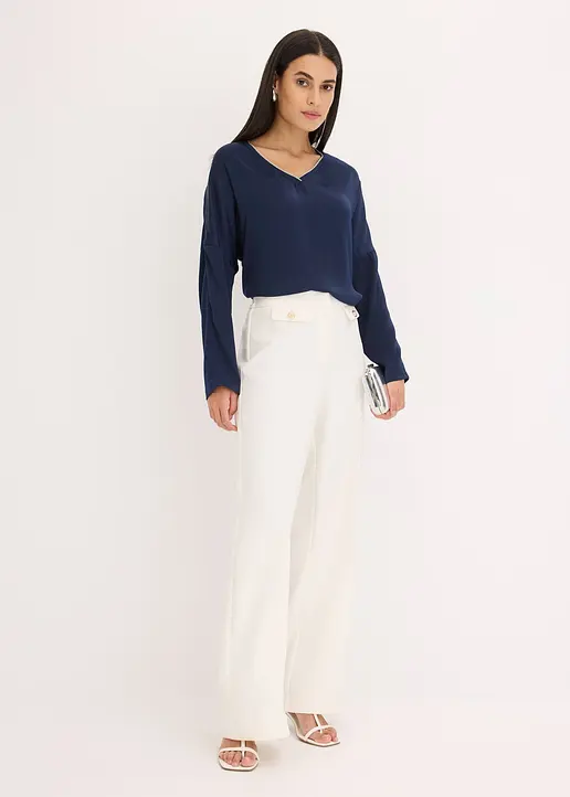 Bonprix Elegantes Blusenshirt Mit Satin - Blau - Damen