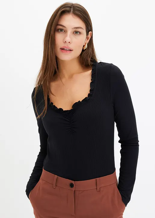 Bonprix Feminines Shirt Mit Volant - Schwarz - Damen