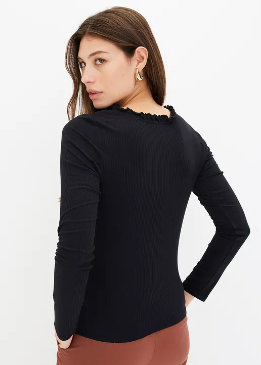 Bonprix Feminines Shirt Mit Volant - Schwarz - Damen