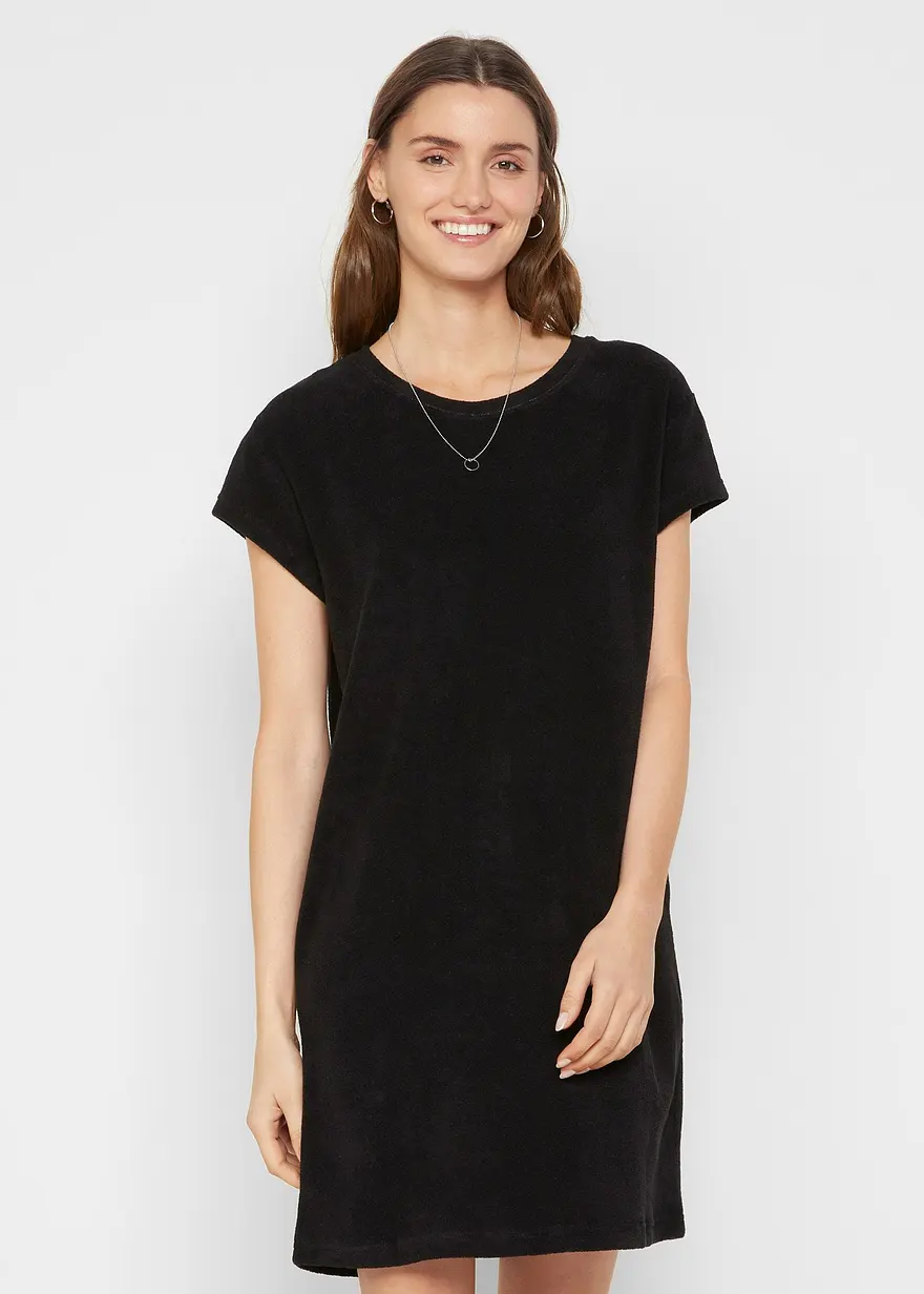 Bonprix Frottee-Kleid Mit Kurzem Arm - Schwarz - Damen