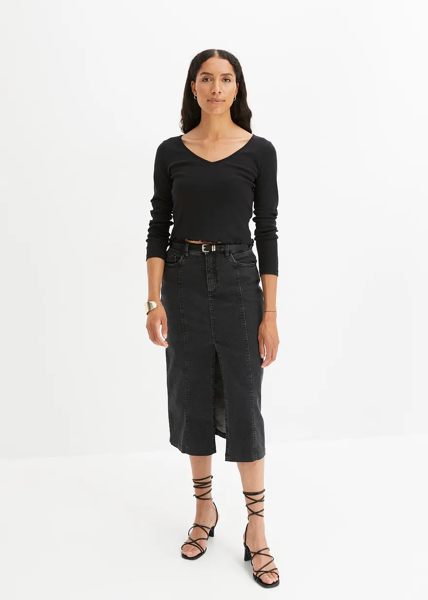 Bonprix Klassisches Rippshirt - Schwarz - Damen