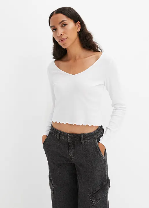 Bonprix Klassisches Rippshirt - Weiß - Damen