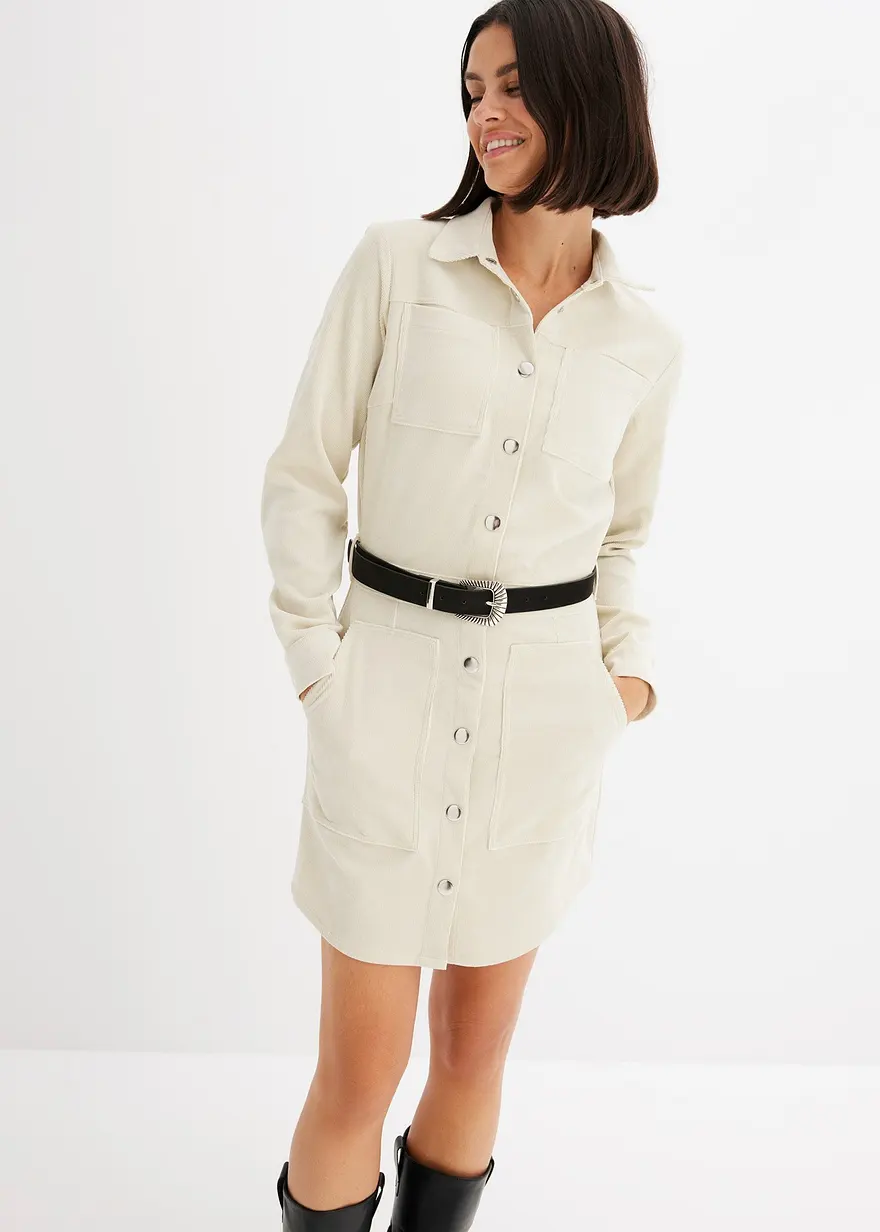 Bonprix Kleid Aus Cord Mit Gürtel - Natur - Damen