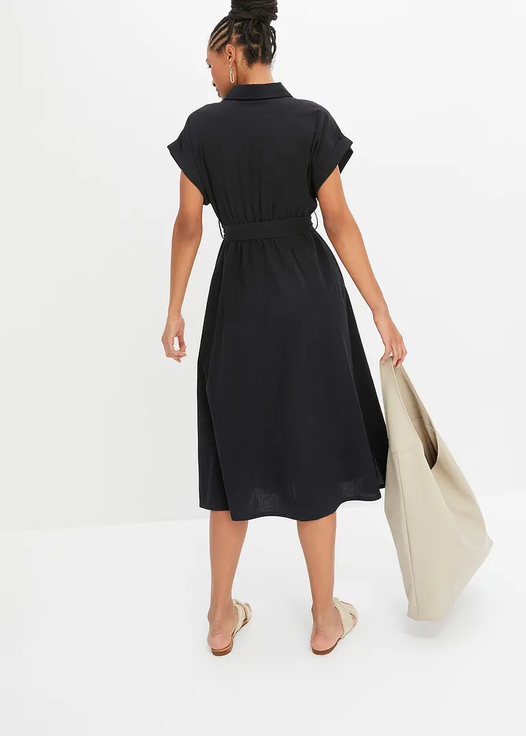 Bonprix Kleid Mit Bindegürtel - Schwarz - Damen