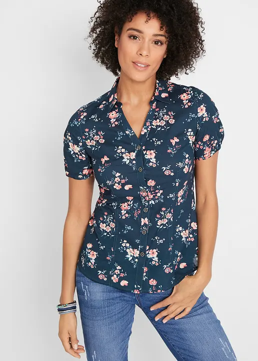 Bonprix Kurzärmlige Geblümte Bluse - Blau - Damen