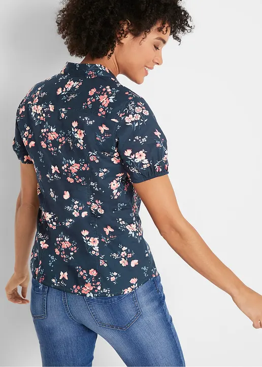 Bonprix Kurzärmlige Geblümte Bluse - Blau - Damen