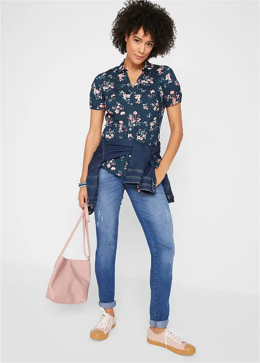 Bonprix Kurzärmlige Geblümte Bluse - Blau - Damen